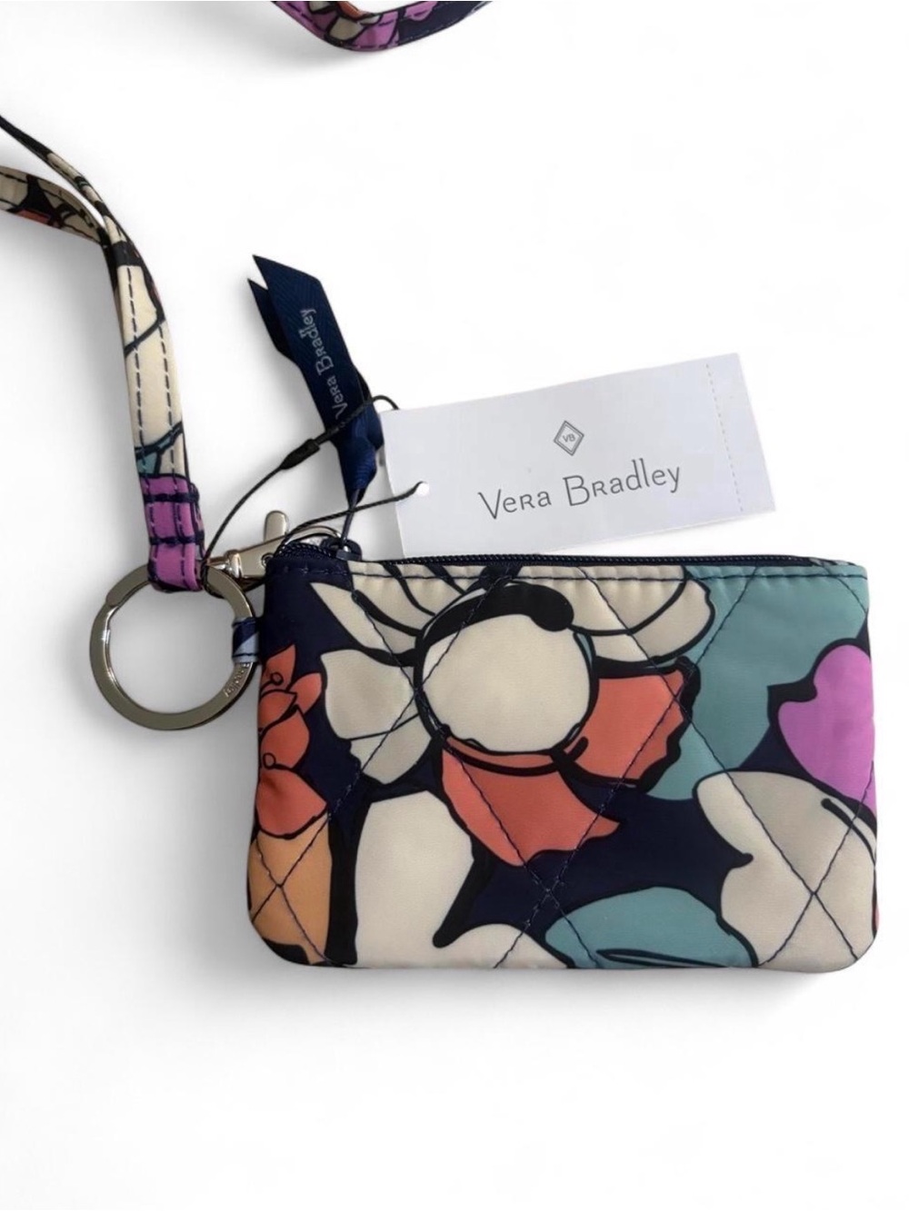 Vera Bradley Floral Quilted Wristlet Key Pouch in Navy, Coral, Teal & Cream